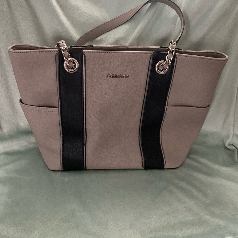 Calvin Klein Hayden Saffiano Leather Tote - Taupe/black combo.